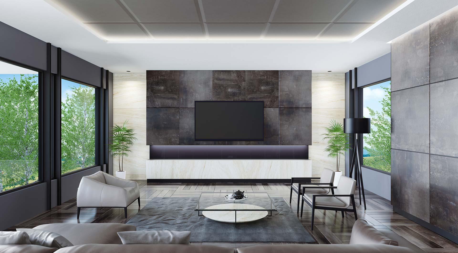 Kabel effektiv verstecken mit Wand- und Deckenverkleidung - Paneele modernes dunkles Wohnzimmer mit ansprechender Wand- und Deckengestaltung